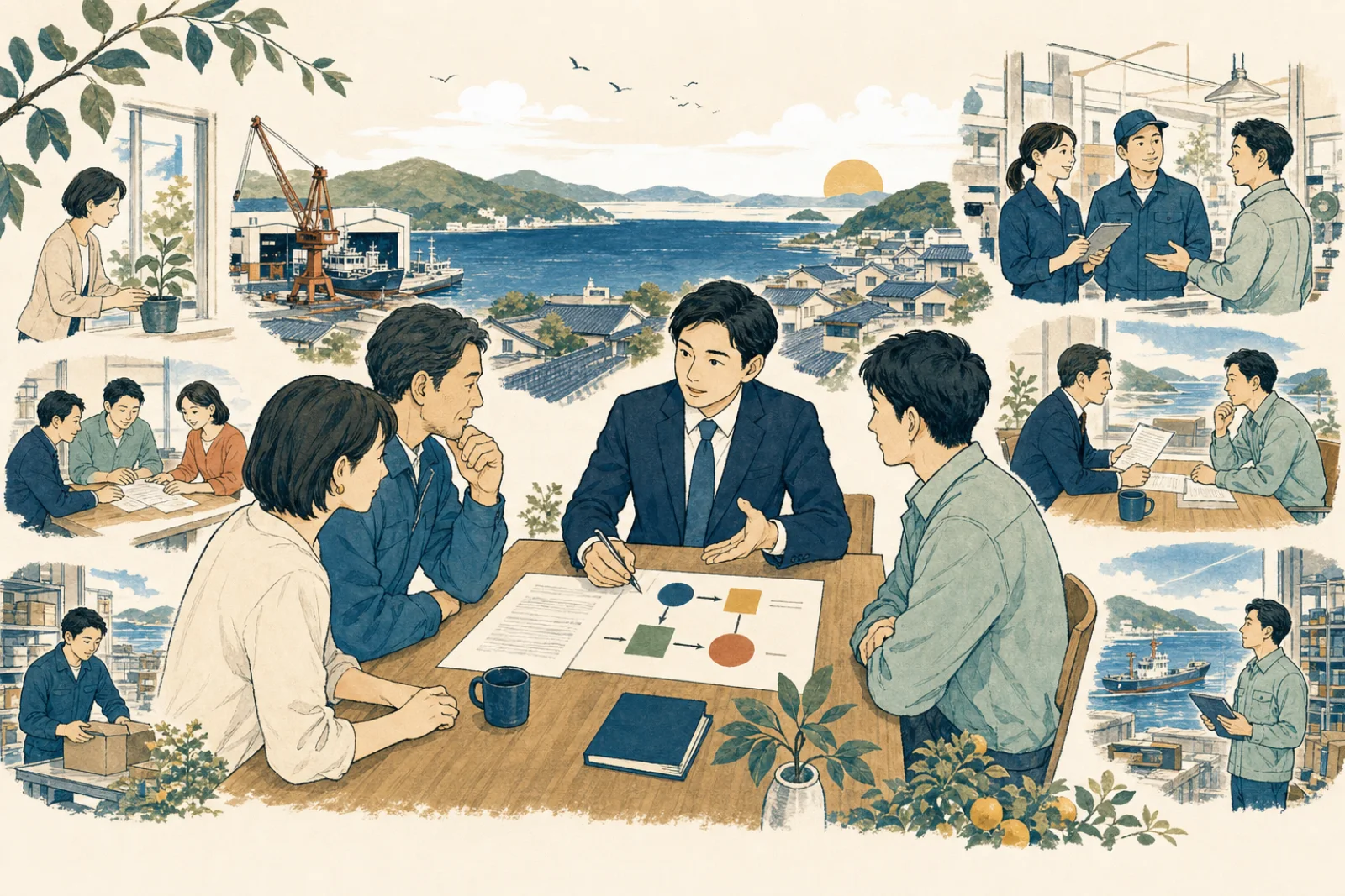 経営者と弁護士が契約や事業上の判断を話し合うオリジナルイラスト